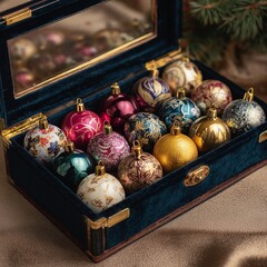 An exquisite assortment of ornately decorated ornaments, nestled within a luxurious velvet-lined case.
