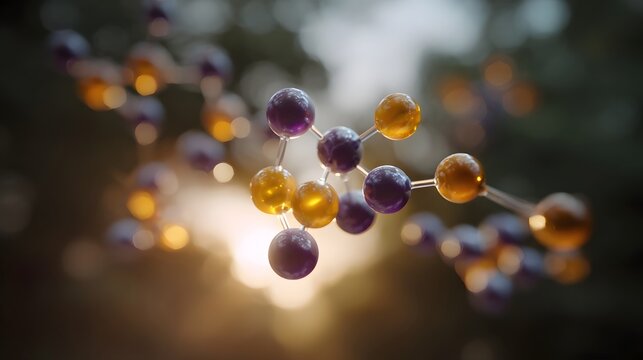 Abstract molecular structure formed by glowing purple and yellow spheres set against a blurred natural background during golden hour - Powered by Adobe