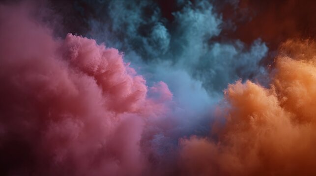 Dynamic swirls of vibrant colored smoke create an abstract ethereal atmosphere in vivid hues