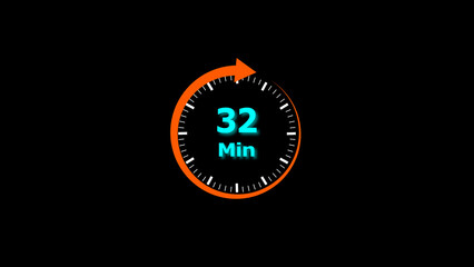 illustration  timer icon with 32 min. timer 32 minutes countdown icon illustration. motion graphic arrow Clock 32 minute icon, white background 4k illustration.