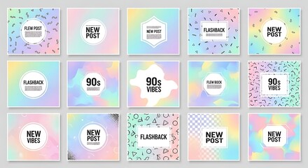 Vibrant 90s Vibes Social Media Post Templates with Holographic Gradients and Geometric Patterns.