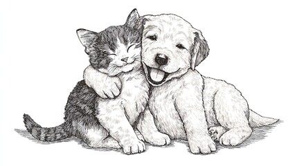 Fototapeta premium Cute kitten and puppy hugging in an adorable friendship moment drawn in detailed monochrome engraving sketch style