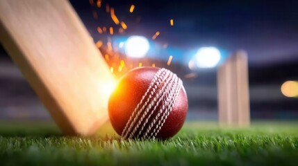 Dynamic cricket ball impact with bat on bright green grass under stadium lights showcasing the thrill of competitive sports action and summer games fun