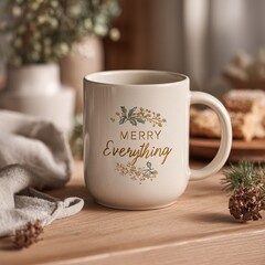An ivory-colored ceramic mug, adorned with Merry Everything in elegant gold script, rests on a warm wooden surface