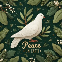 A tranquil white dove, the symbol of peace, is nestled amidst a festive wreath of leaves, with the words Peace on Earth in a elegant design.