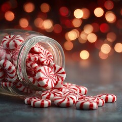 A glass jar spills over with peppermint candies, its contents cascading onto the surface as if inviting to indulgence and sweet bliss.