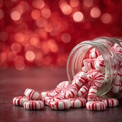 A cascade of peppermint candies spills from a clear jar, their vibrant red and white stripes creating a visually appealing display.