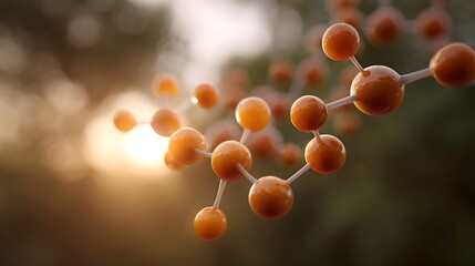 Molecular structure rendered with orange atoms and white bonds illuminated by warm golden hour sunlight