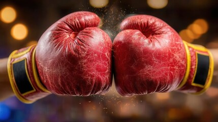 Vintage red boxing gloves clashing in powerful match up, evoking strength and determination for fitness promotions or sports marketing materials