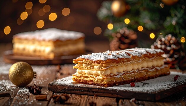 Collection of photos featuring a festive Mille-Feuille Napoleon pastry on a cozy holiday table, golden puff pastry layers, vanilla cream, powdered sugar, warm bokeh lights, elegant Christmas decor