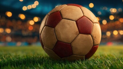 Naklejka premium Classic soccer ball resting on vibrant green grass under stadium lights evokes passion for the game and athletic spirit for sports advertising campaigns