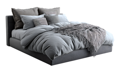Modern Cozy Bed with Pillows and Blanket – Interior Design Bedding PNG Isolated
