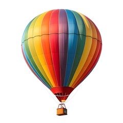 Fototapeta premium A vibrant, fullsized hot air balloon featuring a striking rainbow pattern of vertical stripes, suspended with its wicker basket underneath, isolated on white background