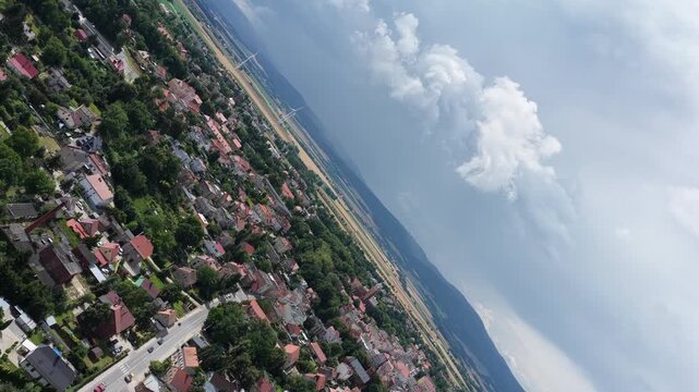 Aerial drone view of Paczkow. A city in the Opole province, in Nysa county, urban rural commune of Paczkow. Panorama of the city of Paczkow and Paczkowski Reservoir from a drone flight