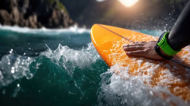 Feel the rush of surfing adventure as a surfer's hand glides on a vibrant orange board through turquoise ocean waves under the warm sun