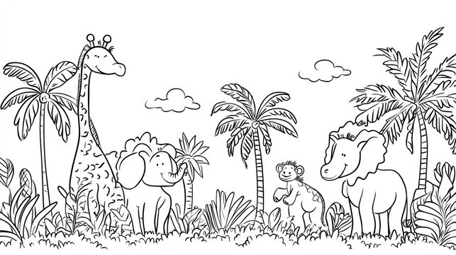 Black and white jungle animals in a landscape scene for children's coloring book or educational material