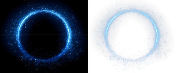 Blue glowing circular light effect as isolated overlay PNG on dark background, neon circle frame, twirl background of glowing neon lights in circle shaped lines, magic ring particles, Dust light