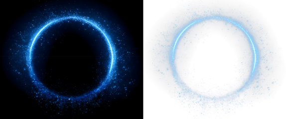 Blue glowing circular light effect as isolated overlay PNG on dark background, neon circle frame, Abstract background of glowing neon lights in circle shaped lines, magic ring particles, Dust light