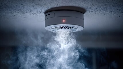 Smoke detector fixed on a textured ceiling with a blinking red light, actively sensing smoke, highlighting concepts of home safety, fire alarm, and emergency danger