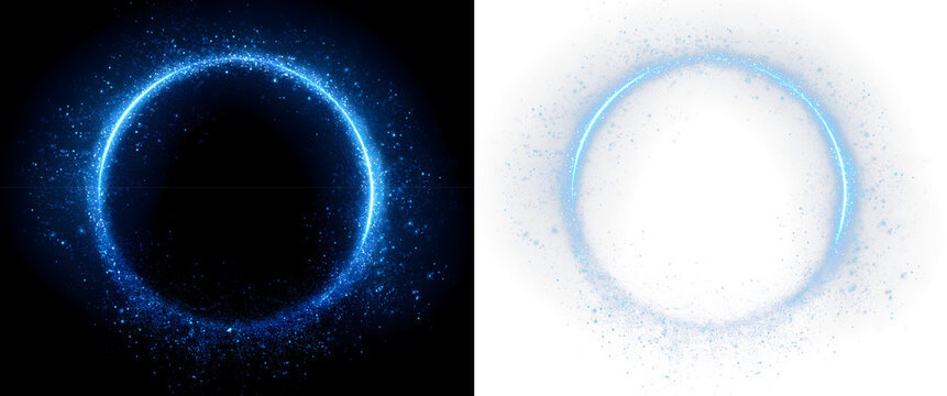 Blue glowing circular light effect as isolated overlay PNG on dark background, neon circle frame, Abstract background of glowing neon lights in circle shaped lines, magic ring particles, Dust light