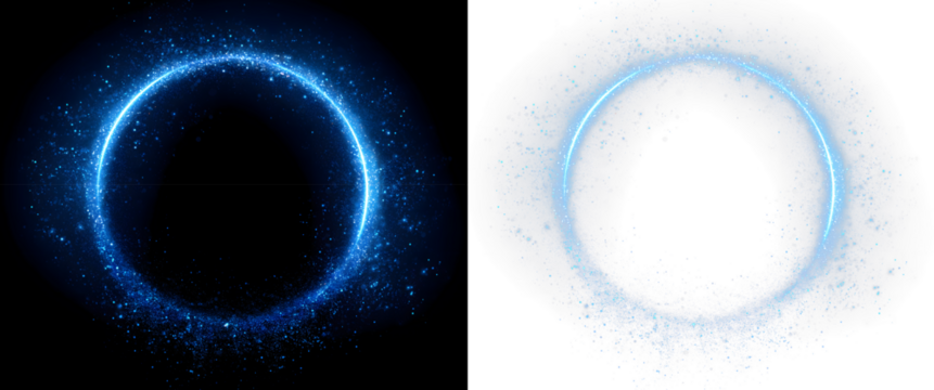 Blue glowing circular light effect as isolated overlay PNG on dark background, neon circle frame, Abstract background of glowing neon lights in circle shaped lines, magic ring particles, Dust light