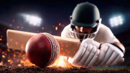 Dynamic cricket player in action with bat and ball under stadium lights, ready to score, evoking passion and excitement for sports and competition