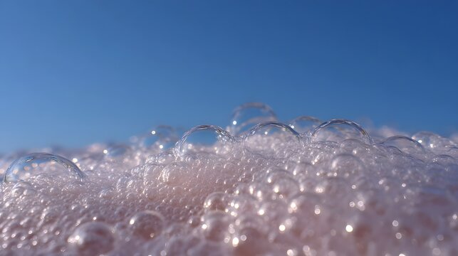 A ro perspective captures the delicate structure of pink foam with numerous translucent bubbles glistening under a vast clear blue sky
