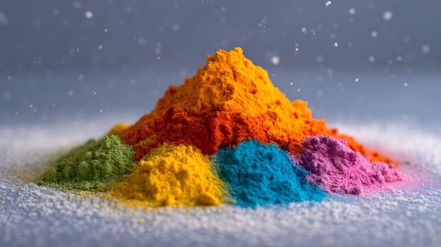 Vibrant colorful powders forming a circular arrangement with a soft falling snow effect
