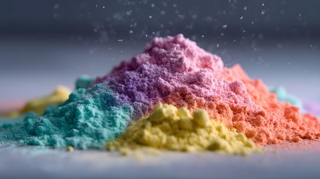 A vibrant heap of colorful powders including pink purple teal yellow and orange with fine particles suspended in the air