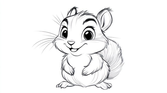 Cute cartoon chipmunk sketch, simple line art, adorable animal, children's book illustration, print, digital art, coloring page