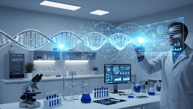 Geneticist studies digital dna strand and virtual interface in lab