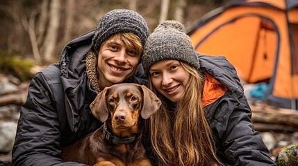Young couple wearing winter hats and jackets, posing with their brown dog in a forest setting with an orange camping tent in the background, smiling at the viewer while embracing outdoor adventure
