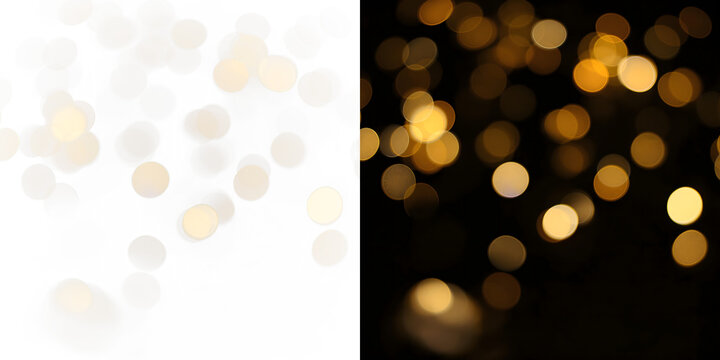 Golden bokeh lights isolated on dark background for festive transparent overlay effect, abstract circular green bokeh background, green nature spring and nature light in blurred style, defocused PNG