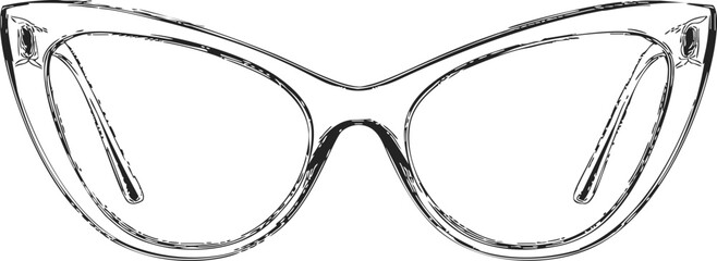 Cat eye glasses sketch, hand drawn vintage eyewear frame with upswept corners. Vector illustration