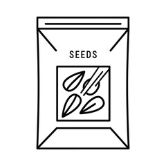 Simple black and white line art illustration of a seed packet with the word seeds and visible seeds inside