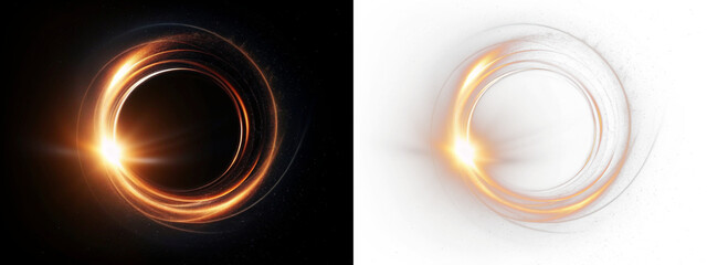 Golden glowing circle overlay with transparent PNG style and sci-fi abstract light effect, swirling vortex isolated PNG with cosmic spiral effect and glowing outer space design PNG
