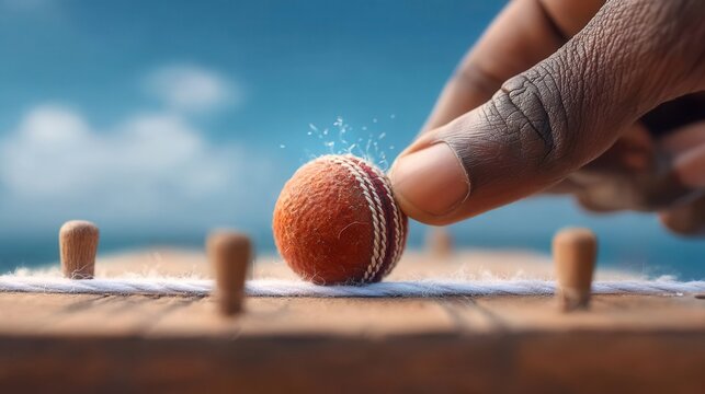 Captivating cricket ball detail with finger and blue sky background for sports enthusiasts or cricket equipment advertisement usage with dynamic clarity
