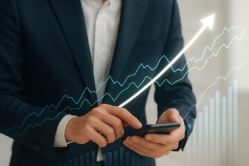 Business professional analyzing stock market trends on mobile device, representing investment decisions and financial growth. Theme of technology in finance and data analysis.