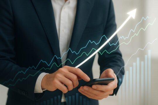 Business professional analyzing stock market trends on mobile device, representing investment decisions and financial growth. Theme of technology in finance and data analysis.