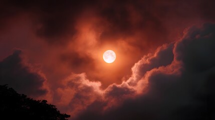 A full moon glows with intense orange light peeking through dramatic crimson clouds in the night sky