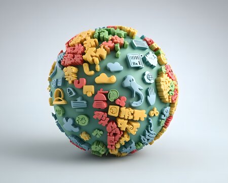Colorful 3D globe with various symbols and icons representing modern life