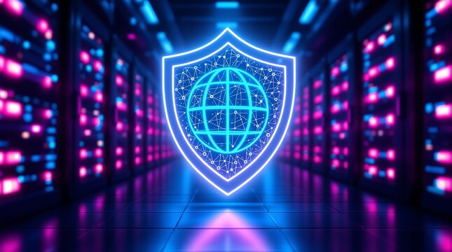 Cyber security network protection concept with shield and server room for data privacy and safety