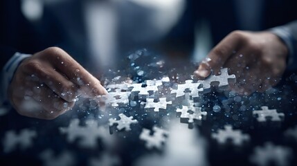 Business hands connecting puzzle pieces, representing collaboration, strategy, and finding solutions for complex challenges in a conceptual and innovative environment