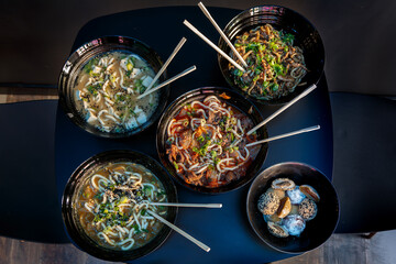 Ensemble de plats japonais : udon, nouilles, mochi et woks &ndash; vue 90&deg;