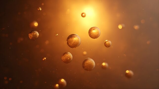 Abstract golden spheres and particles glowing and floating in a warm illuminated dark background