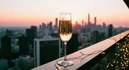 Elegant champagne glass on a rooftop balcony railing with sparkling string lights. Luxury celebration concept against blurred city skyline during golden sunset