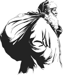 Santa Claus sketch hand drawn with large sack over shoulder, side profile. Vector illustration