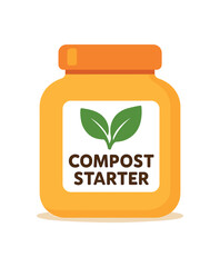 Flat vector illustration of bright compost starter jar with bold leaf logo rounded shapes clean vector look