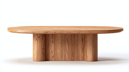 A wooden table with a light, natural color, showcasing the grain of the wood. The table has a modern design with a unique base