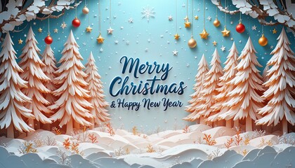 Dreamy winter wonderland scene with snow-covered trees, ornaments and a heartfelt message wishing Merry Christmas and Happy New Year for festive holiday greetings